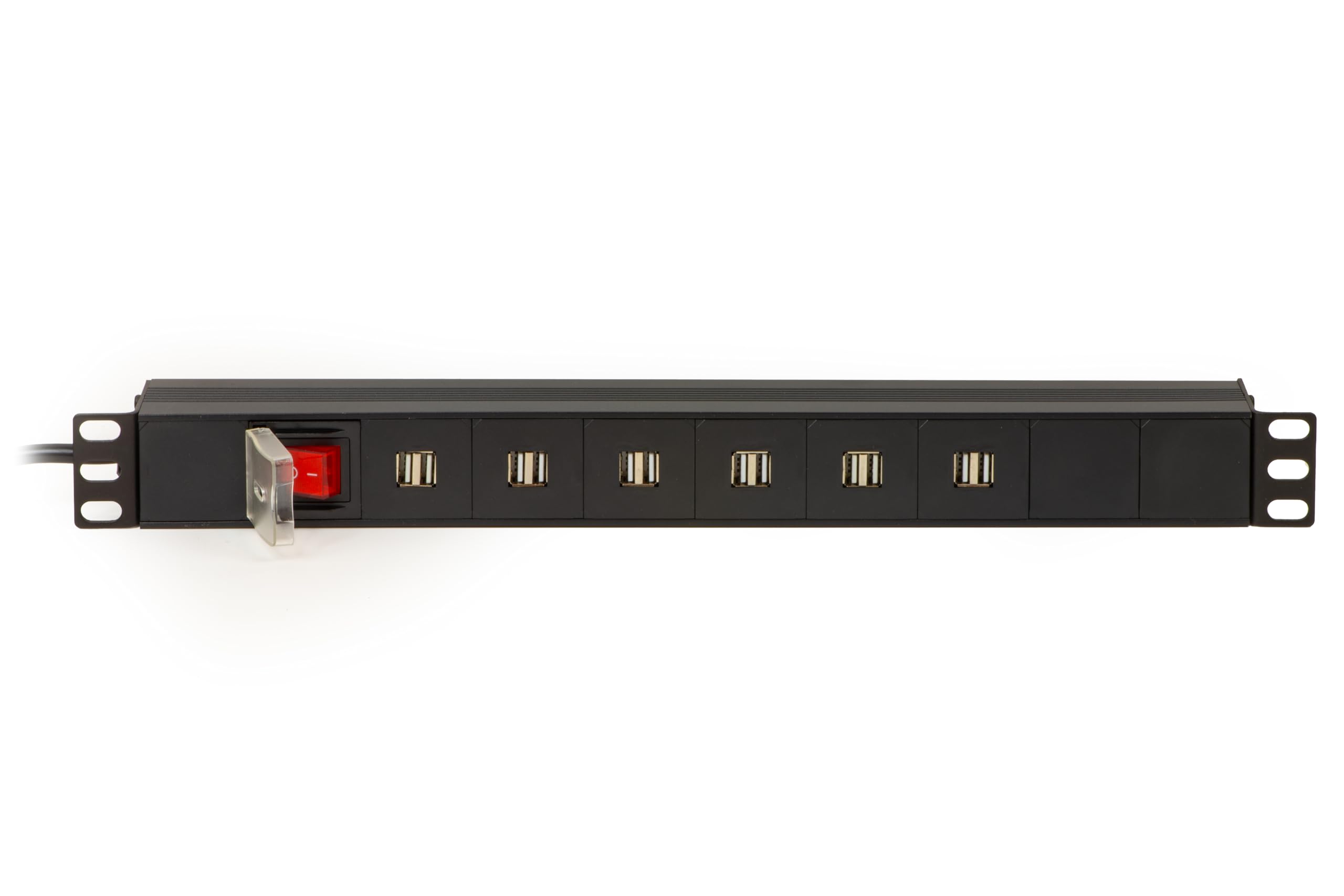 Link multipresa 1U 19" per armadi rack LK10064-12 prese USB 3,4A ricarica dispositivi mobili con interruttore LED e 6 prese universali/Schuko, metallo 1 unità, 48,5x4,5x4,5. Alette reversibili.