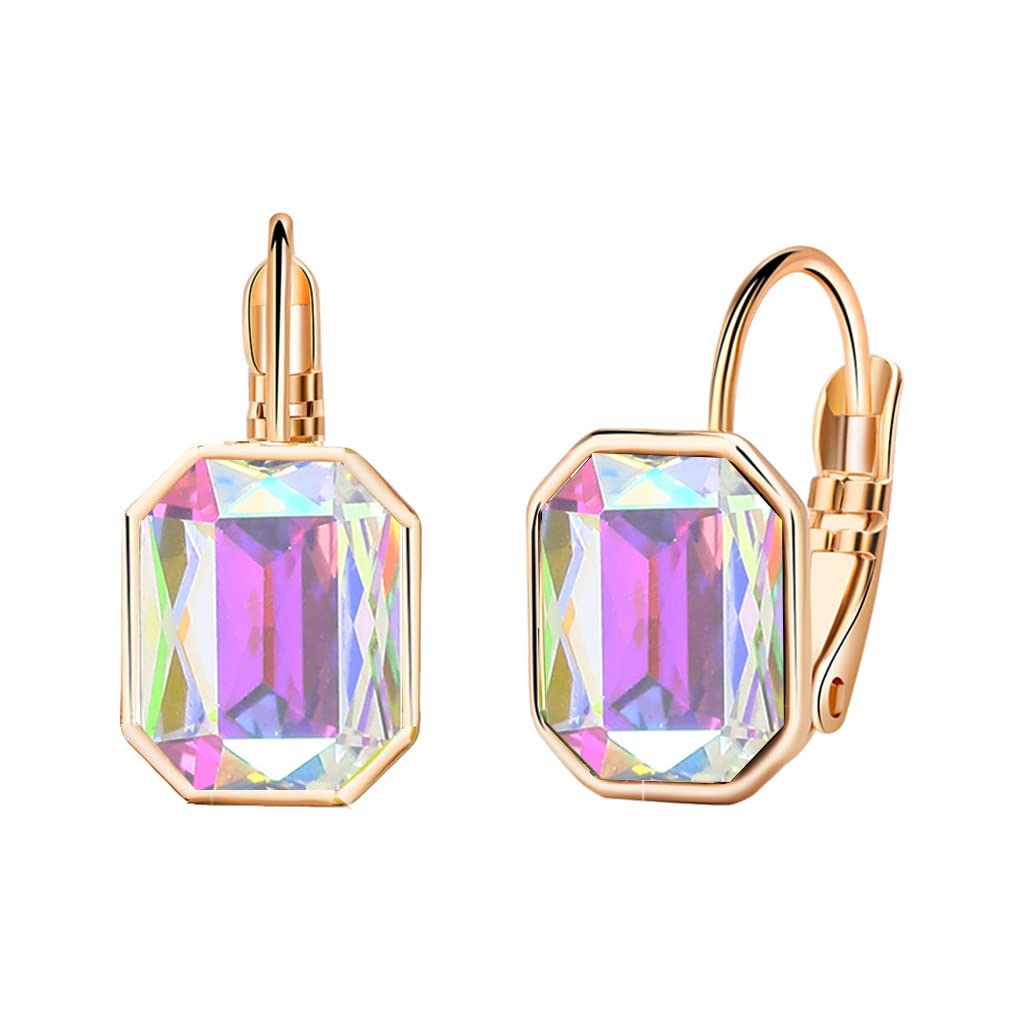 Austrian Crystal Octagon Leverback Drop Earrings for Women 14K Rose Gold Plated Hypoallergenic Jewelry