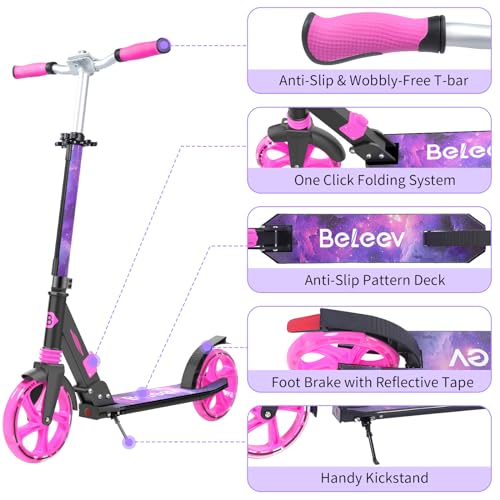 BELEEV V8 Scooters for Kids Ages 6+ with Light-Up Wheel & Stem & Deck, 2 Wheel Folding Scooter for Adults Teens, 4 Adjustable Height, Lightweight Sport Commuter Scooter, up to 220lbs (Galaxy Purple) by BELEEV - Image 6