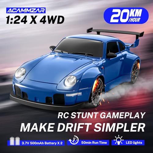 Image of ACAMMZAR RC Drift Car, 1:24 Remote Control Car for Kids, 20KM /H 4WD High Speed RC Cars with LED Lights, Two Batteries, Extra Drifting Tires, Vehicle for Adults Boys Girls, Blue