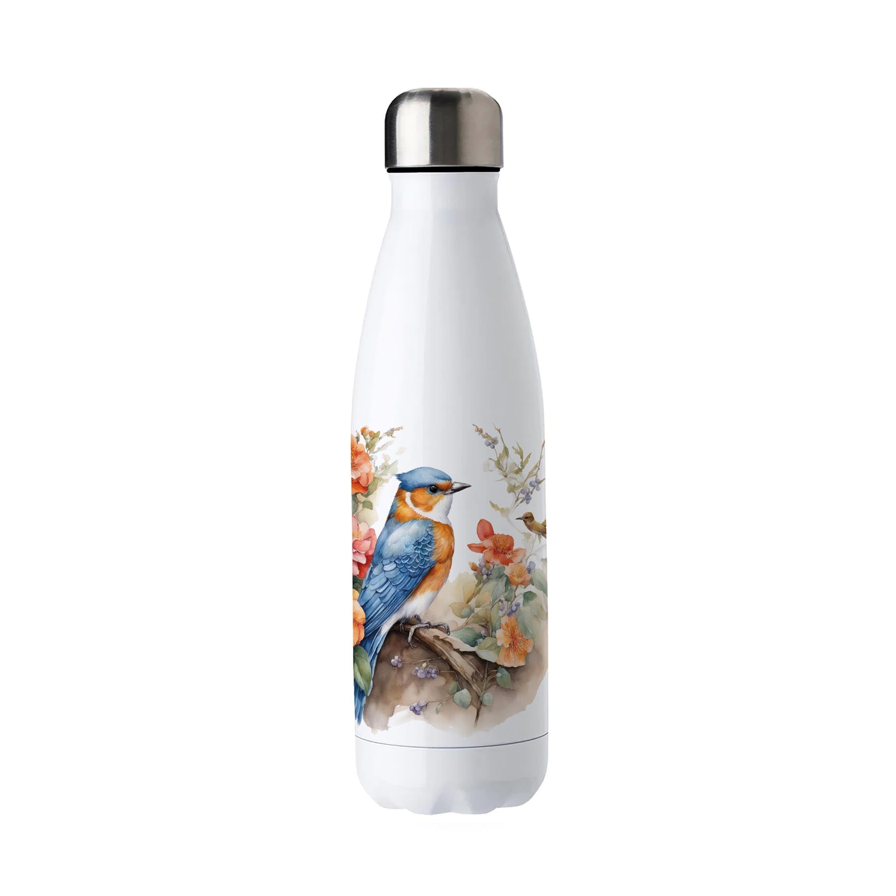 Purely Home Blue & Orange Bird Stainless Steel Water Bottle - Floral Nature Themed Presents for Her - Double Walled 500ml Metal Hot/Cold Drinks Bottle Outdoor Gifts