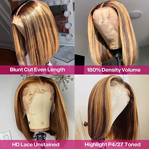 Ucuvic 12 Inch Highlight Honey Blonde Lace Front Wig Human Hair Ombre 4/27 Hd Lace Frontal Bob Wigs Human Hair Glueless Pre Plucked Ombre Brown Wig Ailwelia 180% Density Highlight Bob Wig #TOP2