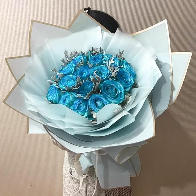Image of Zarwani - 10 Sheets Korean Style Waterproof SkyBlue Bouquet Wrapping Paper (58cm x 58cm, 60 Microns) | Golden Border Design, Giftwrap for Flowers & DIY Gift Wrapping Paper (10, Gold Border Sky Blue)