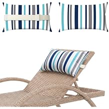 Chaise Lounge Head Pillow, 2 Pack Oudoor Patio Pillow with Elastic Strap Water Resistant Headrest Pillows for Recliner, Beach Chair, Office Chair Neck, Blue Stripes