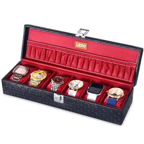 Image of LEDO Luxury Watch Storage Box, 6-Slot Display Case Organizer, Royal Black PU Leather, Metal Clasp, Velvet Interior, Modern Classic Style, Pack of 2