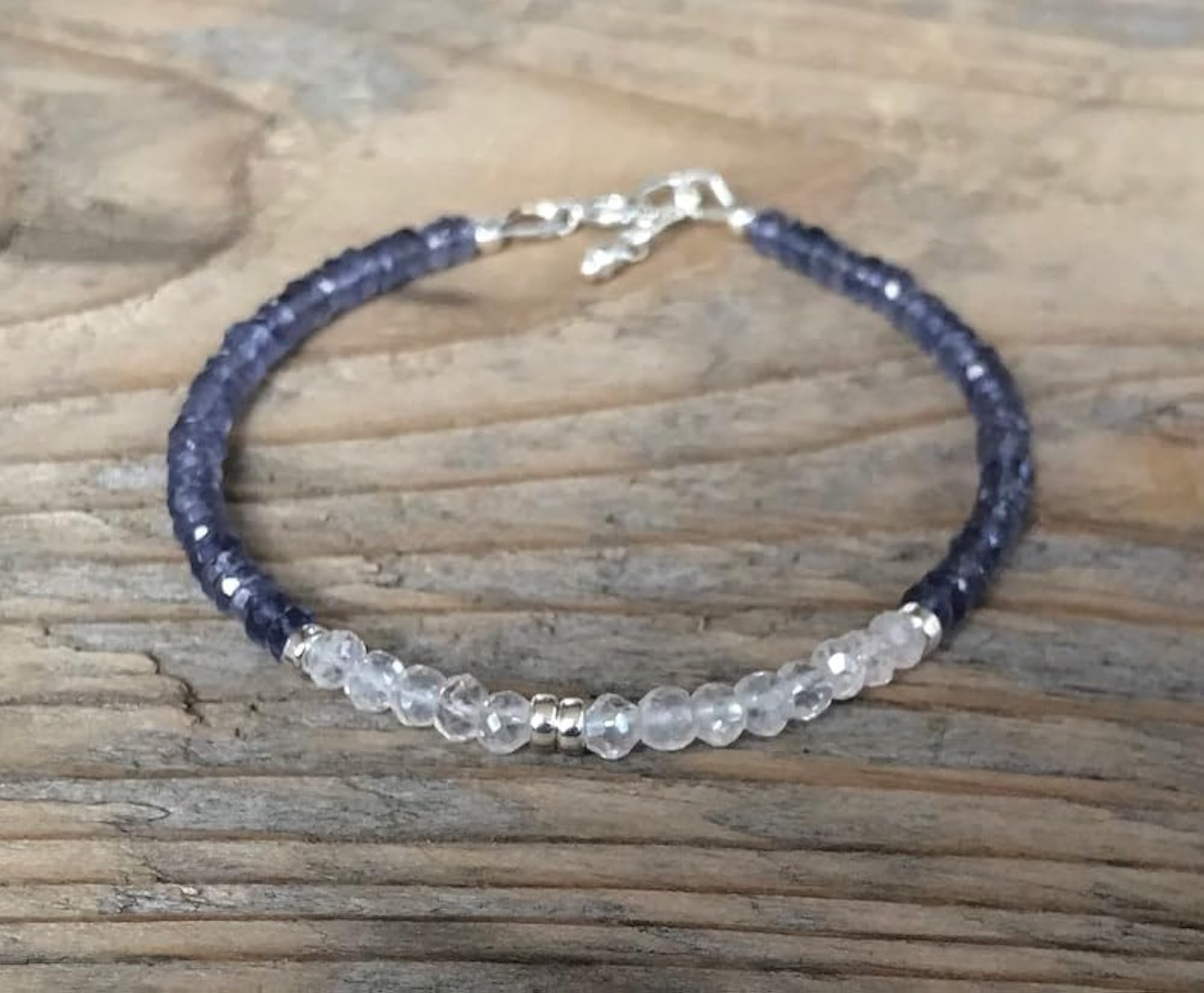 Crystal Quartz & Iolite Adjustable Bracelet, Silver Plated Clasp