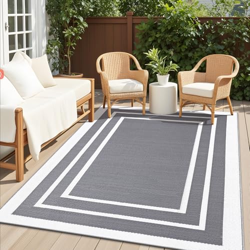 Homaxy Waterproof Outdoor Rug, Anti-slip Reversible UV Resistant Garden Rugs, Easy Cleaning Carpet for Camping, Patio, Beach, Picnic, Backyard - 150 x 240 cm, Grey & White
