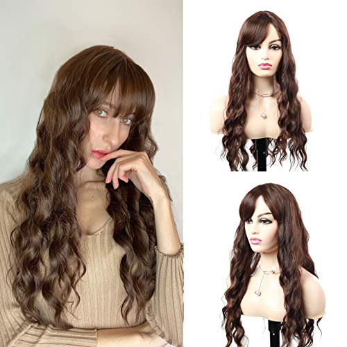 Brown Long Curly Wigs for Women Wavy Synthetic Middle Part Natural Hair Wigs with Bans Heat Resistant Fiber Hair for girl Colorful Costume Wigs Daily Cosplay Wear