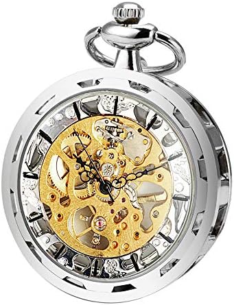 ManChDa Mens Pocket Watch Special Magnifier Mechanical Hand Wind Half Hunter Roman Numerals Antique Fob Watch with Chain + Gift Box(Bronze/Black/Silver)