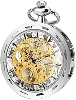 ManChDa Mens Pocket Watch Special Magnifier Mechanical Hand Wind Half Hunter Roman Numerals Antique Fob Watch with Chain + Gift Box(Bronze/Black/Silver)
