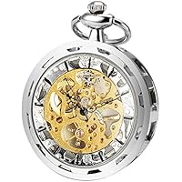 ManChDa Hombres Transparente Abierto de la Cara Reloj de Bolsillo Plata Esfera Esqueleto con Cadena + Caja de Regalo