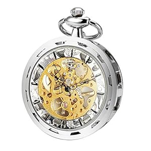 ManChDa Mens Steampunk Transparent Open Face Pocket Watch Silver Skeleton Dial with Chain + Gift Box