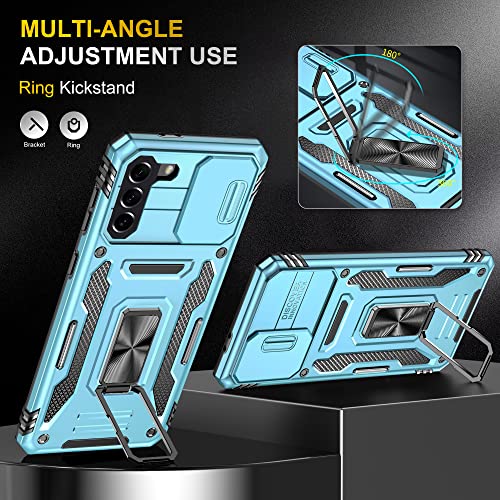Image of Slide Camera Cover with Ring Holder Mobile Phone Case Cover for Samsung Galaxy S21 FE (Blue)