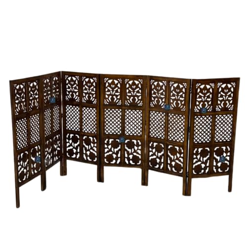 Image of Wooden Room Partition Screen with Burnt Wood Finish | Hand Buffed Traditional Handicraft Room Divider | Indoor Room Separator | Puja Room Divider (6 Panel 4 Feet)