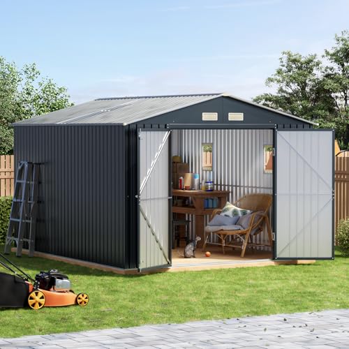 Image of 10x12 FT Outdoor Metal Storage Shed, Double Swing Doors, 2 Clear Windows, Replaceable Skylight Roof Panel, Tool Shed for Garden, Patio, Backyard