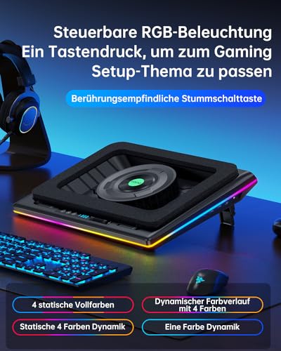 llano RGB Gaming Laptop Kühler Kühlpad mit Touch-Bedienung stufenloser Geschwindigkeit &14cm Extra-groß Leistungsstarker Turbo-Lüfter Dichtungsschaum 3-Port-USB-Hub für 15-19 Zoll Notebook
