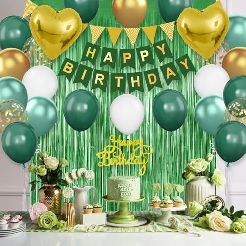 Image of Green Birthday Decorations, Emerald Green Gold Birthday Balloons Set