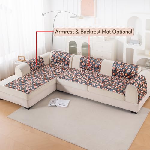 Image of HOKIPO 'Nature Muse' Premium HD Printed Holland Velvet L Shape (2+2 Seater) Sofa Cover Seat Mat, Nocturne Rose (IN-915-D2 + IN-916-D2)