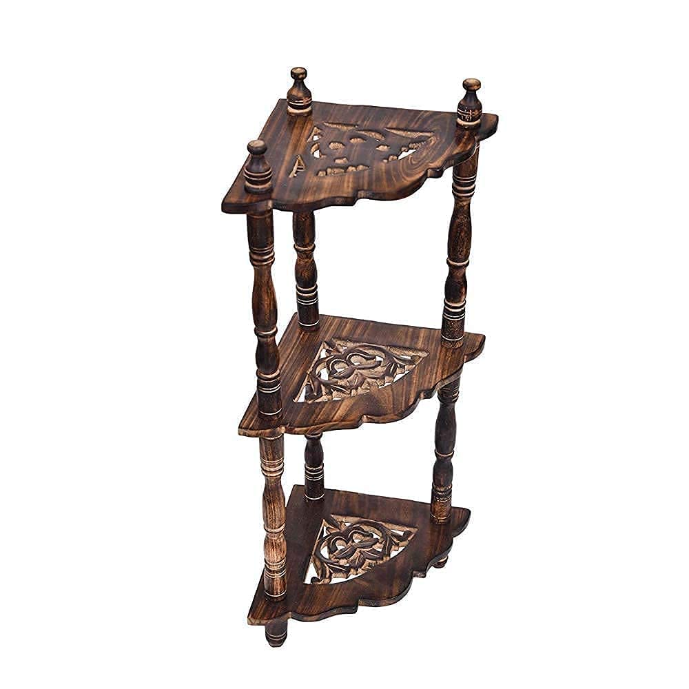 Wooden 3-Tier Corner Stand – Handmade Mini Corner Shelf for Bedroom, Living Room & Office, Multipurpose Wooden Side Rack, 25-Inch