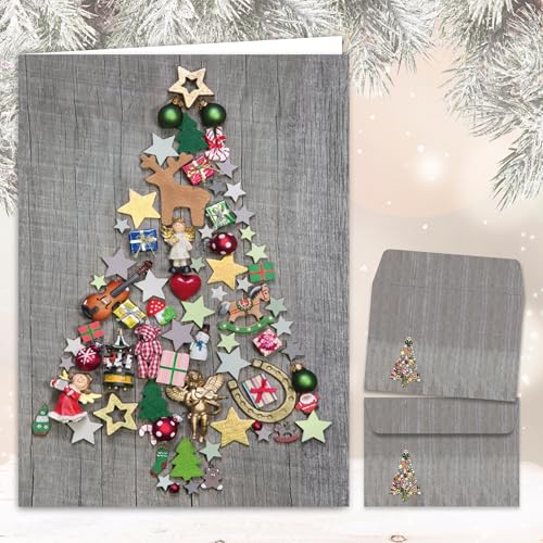 10 cartões de Natal coloridos com envelope, 10 cartões dobráveis nostálgicos para o Natal num conjunto com envelopes correspondentes e design colorido de árvore de Natal