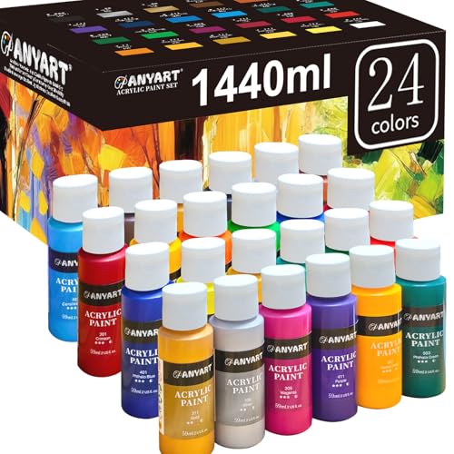 Anyart Acrylfarben Set 24 Farben 1440ml Acrylic Acryl Paint für Leinwand Papier Stein Holz Keramik Stoffe Wasserfest Lichtecht Schnell Trocknend Maler Künstler