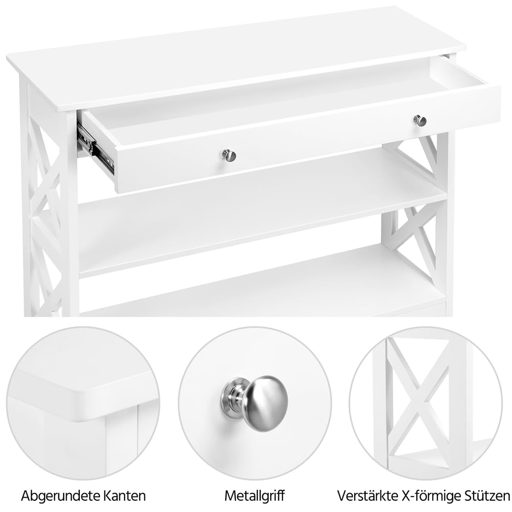 Yaheetech Konsolentisch, Flurtisch mit Schublade und 2-stufigen Ablagefächern, Beistelltisch Holz, Sofatisch mit stabilem X-Rahmen, für Eingang, Flur, Wohnzimmer, 100 x 30 x 80 cm, Weiß