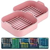 2 Pack Air Fryer Liners Square Silicone Pot Air Fryer Accessories 8 Inch Air fryer Replacement Basket Air Fryer Silicone Liners with 5 PCS Air Fryer Magnetic Cheat Sheet (2, Pink)