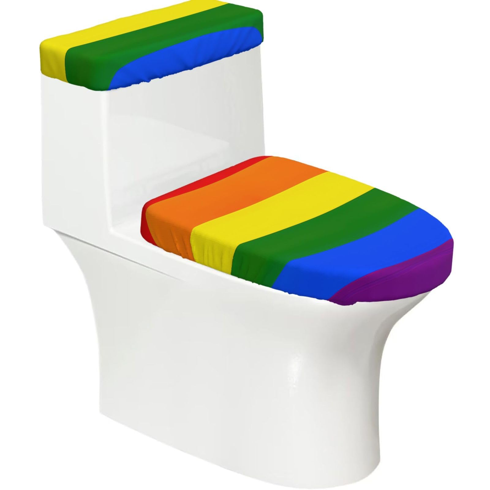 Rainbow Print 2-Piece Stretch Toilet Cover Set, Elastic Breathable Toilet Seat and Tank Lid Protector
