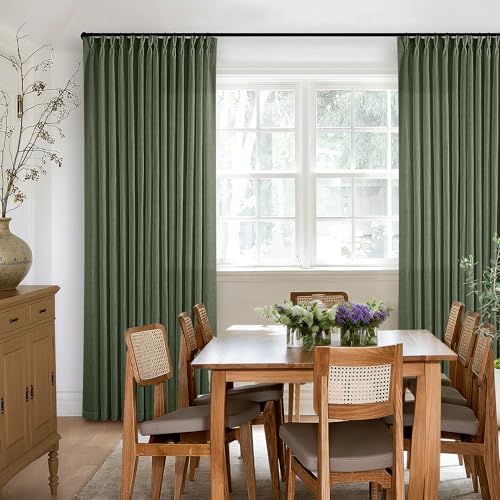Image of TWODRAPES Olive Green Pinch Pleated Linen Curtains 92 Inches Long 2 Panels for Living Room Bedroom Semi Sheer Pinch Pleat Drapes with Hooks Rings Boho Farmhouse Light Filtering Window Curtain 40x92