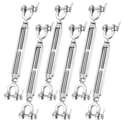 3/16" Jaw and Jaw Turnbuckle 304 Stainless Steel Heavy Duty Turnbuckles for Cables Wire, Shade Sail Hardware, Zipline, Outdoor Applications, Cable Traction 400 Lbs Working Load Limit(6 Pack)