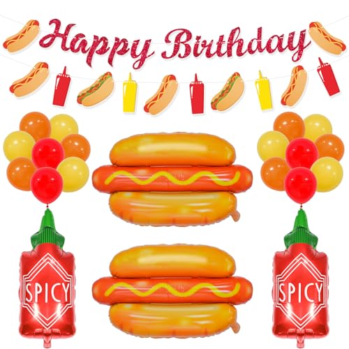 Phoaxul Hot Dog Birthday Party Decorations Set with Glitter Happy Birthday Banner Hot Dog Balloons for BBQ and Picnic Party Supplies Backyard Fast Food Themed Bday Baby Q Baby Shower Halloween Decor