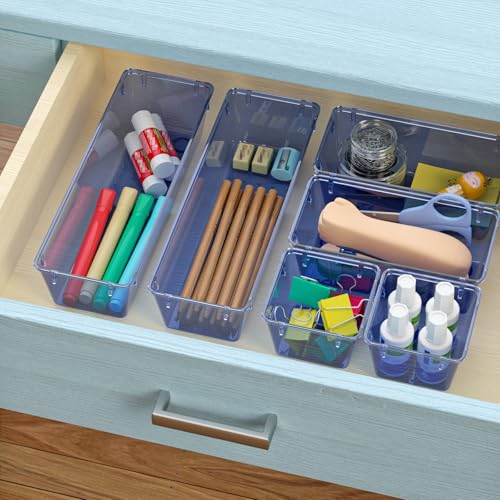 Image of WOWBOX 6 Pack Clear Drawer Organizer Set, Acrylic Drawer Storage Trays, Storage Bins for Makeup, Cosmetics, Jewelries, Utensils, Gadgets, Office, Dark Blue