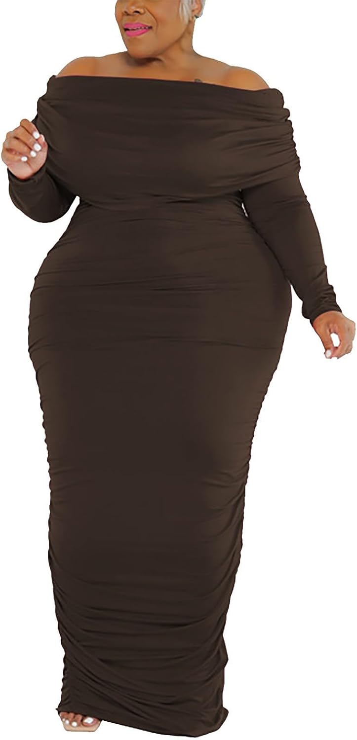 Women's Plus Size Off Shoulder Dress Ruched Long Sleeve Mesh Bodycon Midi Dresses for Plus Women
