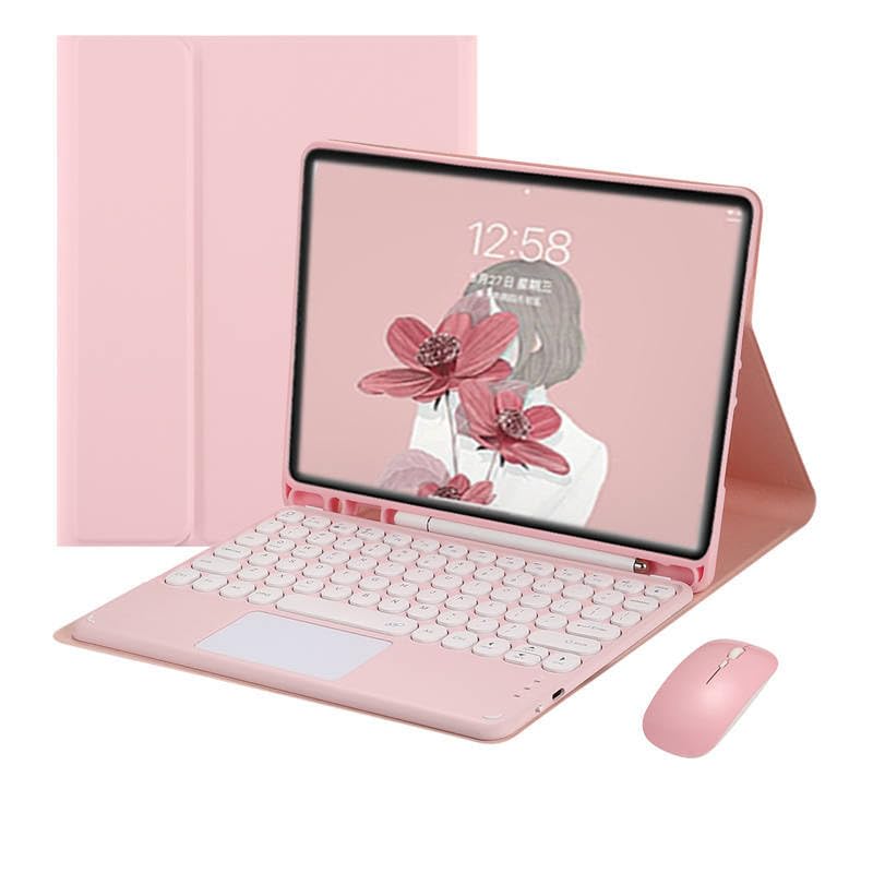 Étui pour iPad Pro 12,9" 2020 avec clavier rose, souris et rabat en cuir