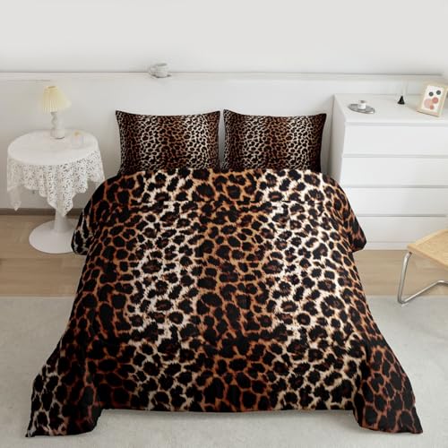 Image of Feelyou Black Brown Leopard Print Comforter Cheetah Print Comforter Set Africa Animal Wildlife Bedding Set for Boys Girls Kids Men Women Room Decor Luxury Safari Duvet Set Queen Size Quilt Boys