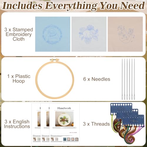 Image of Mindsoft 3 Set Needlepoint Kit for Beginners with Hoop,Sloth | Bamboo Hoop Thread Needles Instructions, Easy Hand Embroidery for Beginners Home Crafts,Pre-stamped Funny Cute Designs