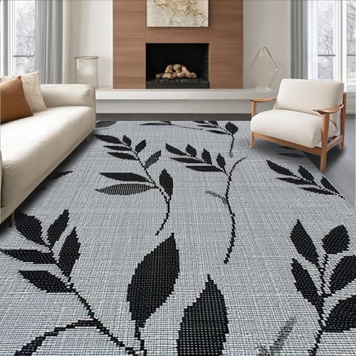 ODIKA Flatwoven High Traffic Area Rug 3x5, Sleek Black Botanical