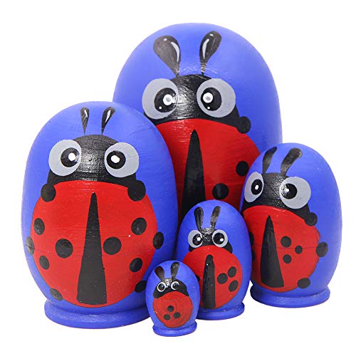 Winterworm Cute Egg Shape Ladybug Nesting Doll Handmade Wooden Russian Nesting Dolls Matryoshka Dolls Set 5 Pieces for Kids Toy Birthday Christmas Easter Gift Home Decoration