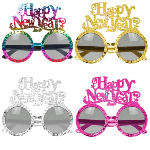 Meleager 4 Piezas Gafas Nochevieja, Gafas Fin de Año, Gafas Año Nuevo, Happy New Year Gafas, Gafas Fotográficas para Fiestas de Disfraces, Nochevieja Accesorios para Photo Booth Props Selfie Prop