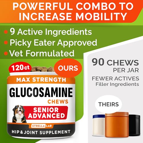 Senior Advanced Glucosamine for Dogs - Small + Large Breeds -Omega-3 Fish Oil - Chondroitin, MSM- Soft Chews for Older Dogs - Bacon Flavor - 120Ct image 2