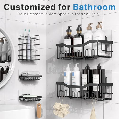 Image of Nieifi KIMEE 5 Pcs Bathroom Organiser Without Drill - Stainless Steel Bathroom Accessories Set, Self Adhesive Shower Caddy Stand for Wall, Rustproof Storage Rack for Shampoo, Soap, Toothbrush Holder