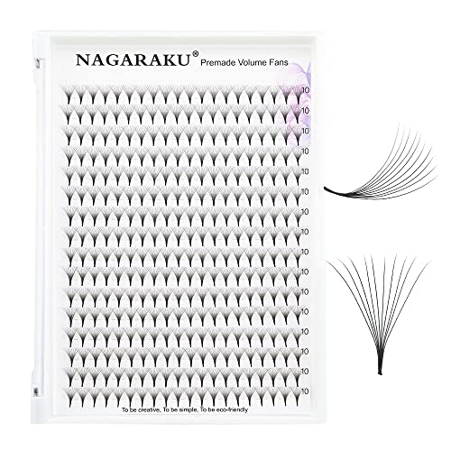 NAGARAKU Eyelash Extensions 320 Clusters Premade Fans Russian Volume Long Stem Premade Fans Thin Pointy Base Natural Pre Fanned Fluffy False Eyelash Black 16 Rows (10D 0.07 C Curl 10mm)