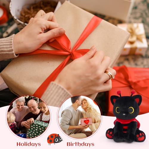 Image of Black Cat Plush with Removable Ladybug Costume, 8inch Cute Ladybug Gifts | Big Eyes Cute Soft Huggable Toy for Boys Girls,Toddlers Insect-Themed Room Decor Birthday Gifts