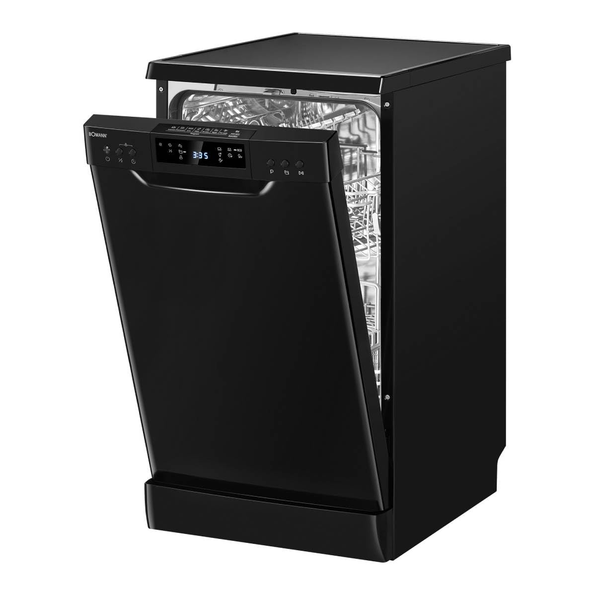 Bomann Geschirrspüler 45 cm | 10 Maßgedecke | Spülmaschine Stand o. Unterbau | 7 Programme & 2 Sprühebenen |Dishwasher mit Startvorwahl | Geschirrspüler unterbaufähig | LED- Display | GSP 7418 schwarz