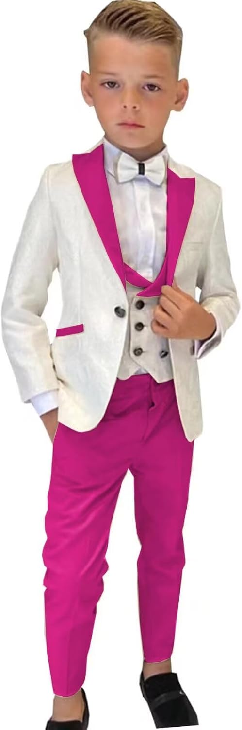 Boys Tuxedo Suit 3 Piece Formal Suit Set Floral Wedding Blazer Vest Pants Kids Jacket for Prom Party