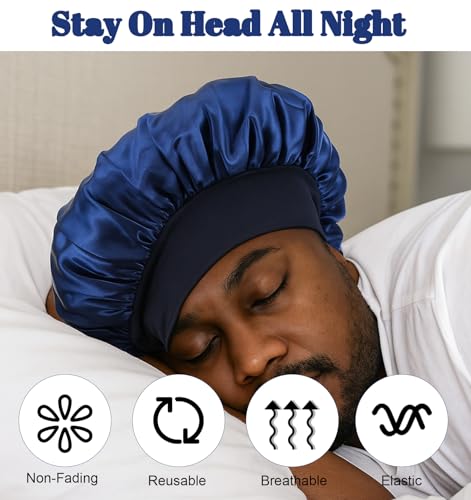 ValueBargain 3Pcs Bonnet Men, Verstellbare Bonnet Herren aus Seide für Natürliches Haar, Weiches Nachtaccessoire mit Breitem Band gegen Haarbruch