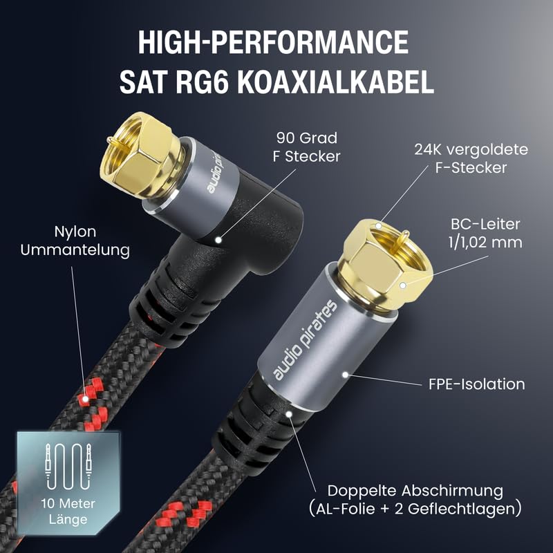 audio pirates Câble coaxial RG6 - Câble satellite avec fiche F coudée à 90° - Double blindage - Câble satellite coaxial de 7 mm de diamètre - Câble d'antenne, câble coaxial noir/rouge (lot de 2 - 10