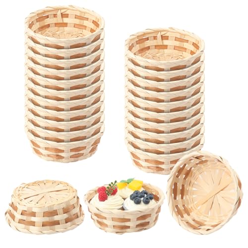 Yiksonyo 24 Pack 6.3 Inch Round Bamboo Bread Basket, 6.3 Inch Round Woven Fruit Baskets, Food Serving Baskets for Kitchen, Restaurant, or Decor