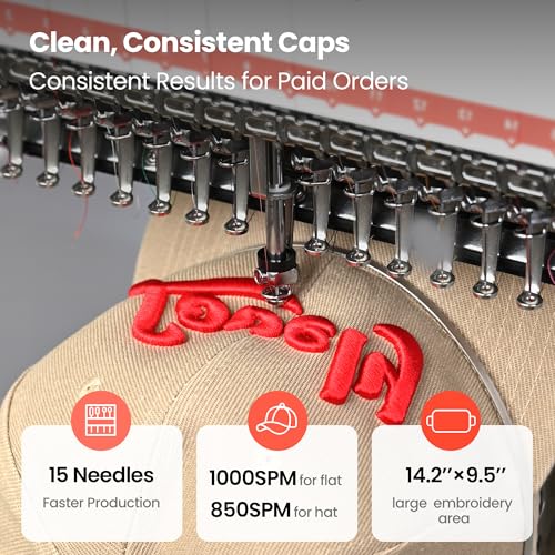 Image of POOLIN EOV 15 Needle Professinoal Hat Embroidery Machine,270 Cap rotation,14.2 inchx9.5 inch Large Area,Multi-Needle for Small Business & Home Shop,3D Cap & Hat,Flat Embroidery Avaliable,Built for Business