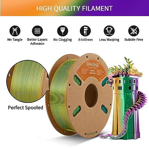 Image of ERYONE Silk Tri Color PLA Filament 3D Printer 1.75mm + /- 0.03mm, Multicolor Filament Tricolor PLA 1KG(2.2lbs) Cardboard Spool, Green Purple Yellow